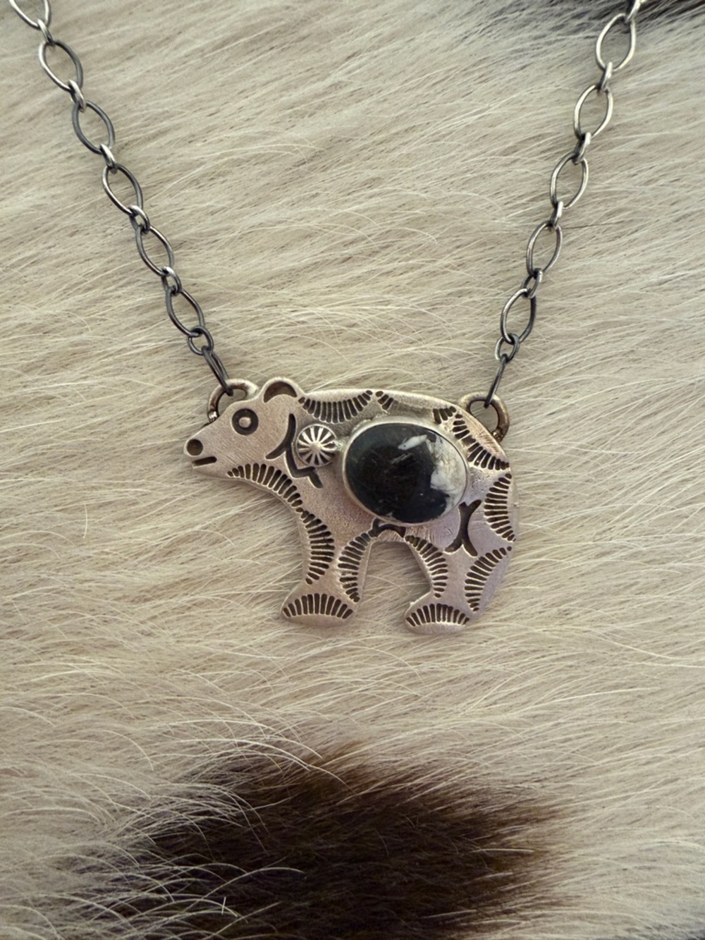 ❤️ White Buffalo Hand Stamped Statement Bear Necklace Matte Sterling 18+2” Adj - Picture 6 of 14